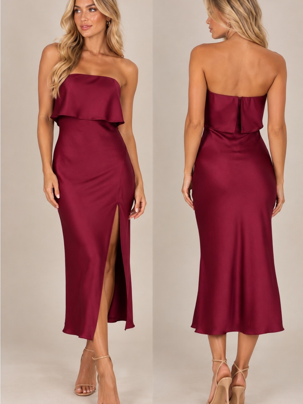 Petal & Pup Strapless Wine Red Midi Dress with Front Slit
